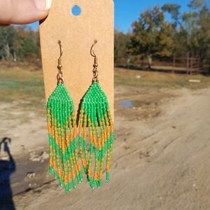 Green And Brown Fringe Beaded Earrings